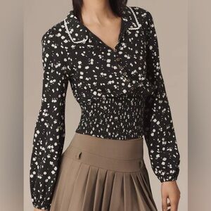 Anthropologie Maeve Black & White Floral Button Down Smocked Long Sleeve Top S